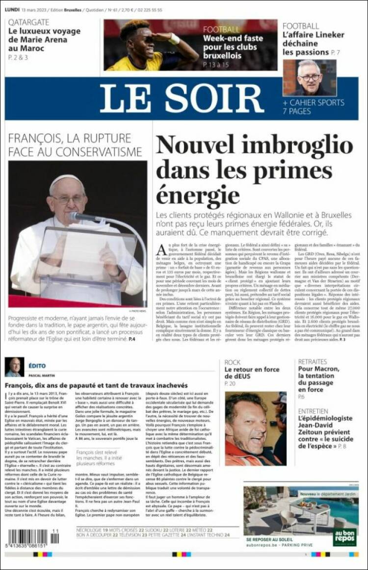 Portada de Le Soir (B&eacute;lgica)