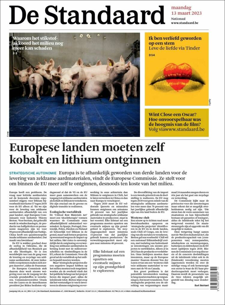 Portada de De Standaard (B&eacute;lgica)