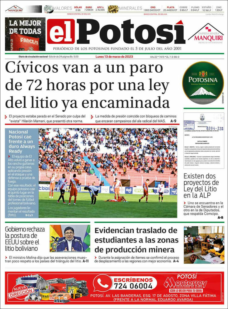 Portada de Diario de Potosí (Bolivia)