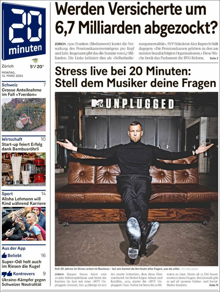 Portada de 20Minuten - Zürich (Suiza)