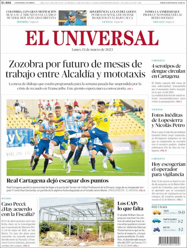 Portada de El Universal (Colombia)