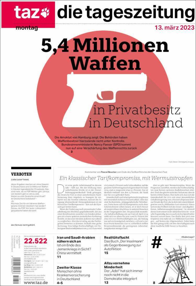 Portada de Die Tageszeitung (Alemania)