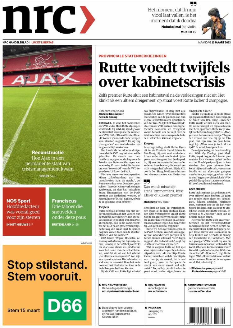 Portada de NRC Handelsblad (Pa&iacute;ses Bajos)