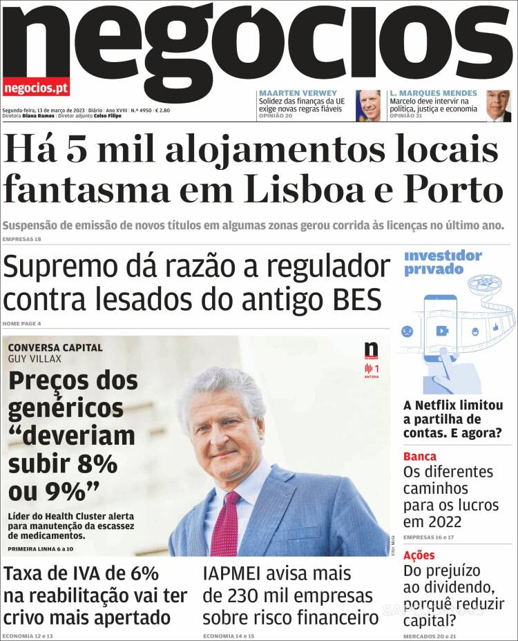 Portada de Jornal de Negócios (Portugal)