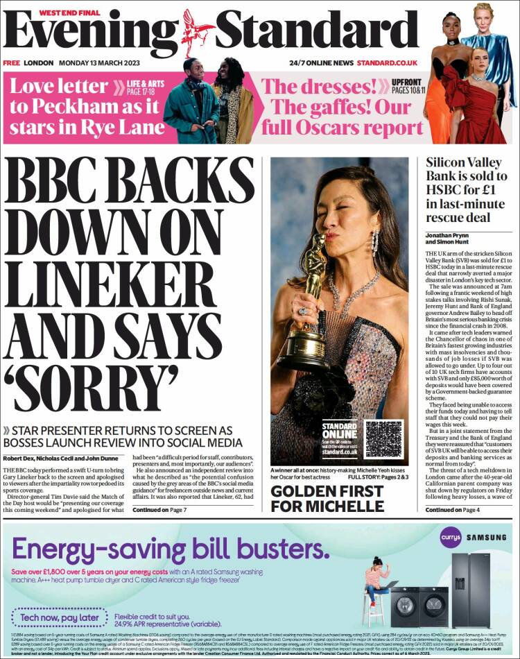 Portada de Evening Standard (Royaume-Uni)