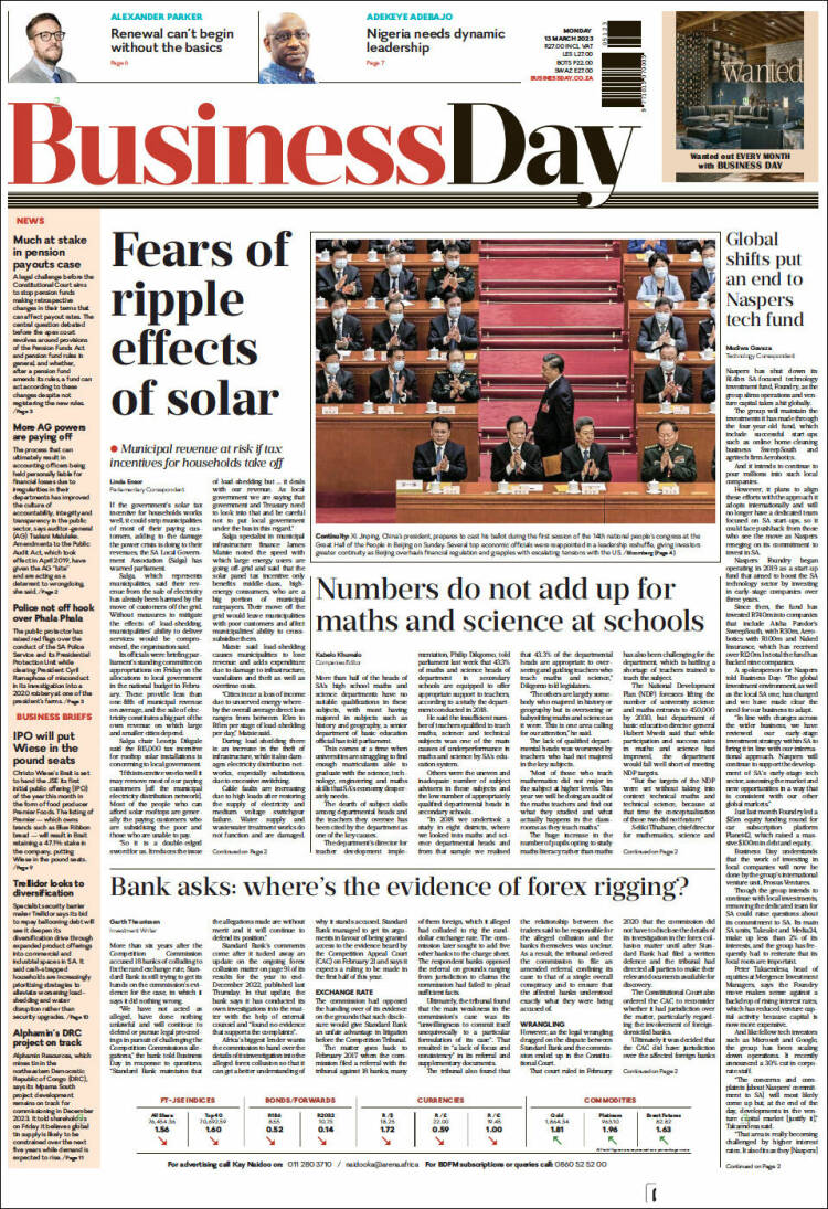 Portada de Business Day (Sud&aacute;frica)