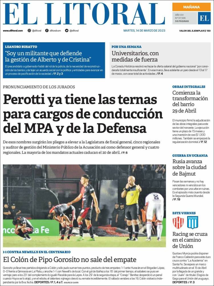 Portada de Diario El Litoral (Argentina)