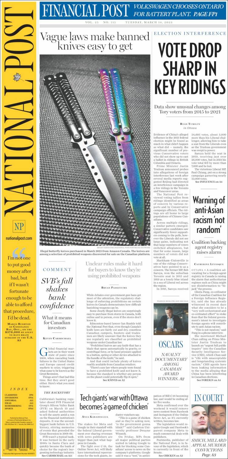 Portada de The National Post (Canadá)