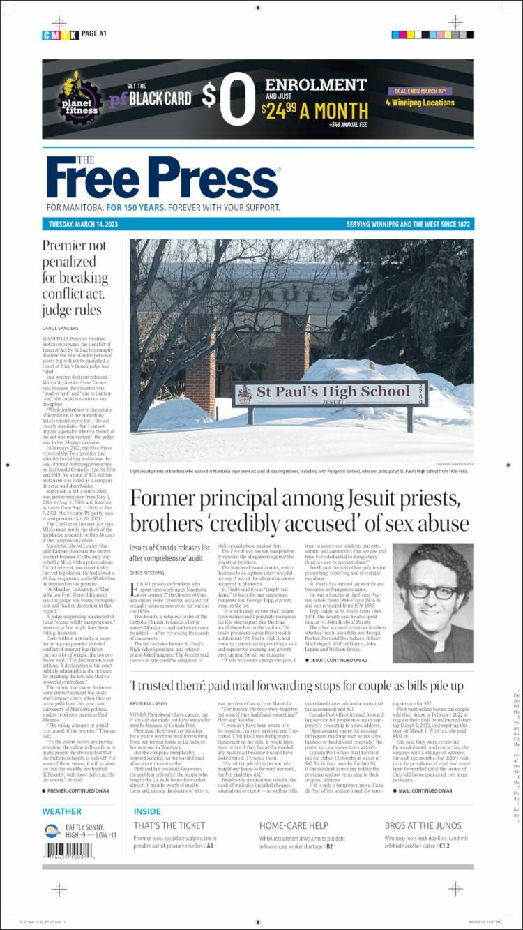 Portada de Winnipeg Free Press (Canadá)