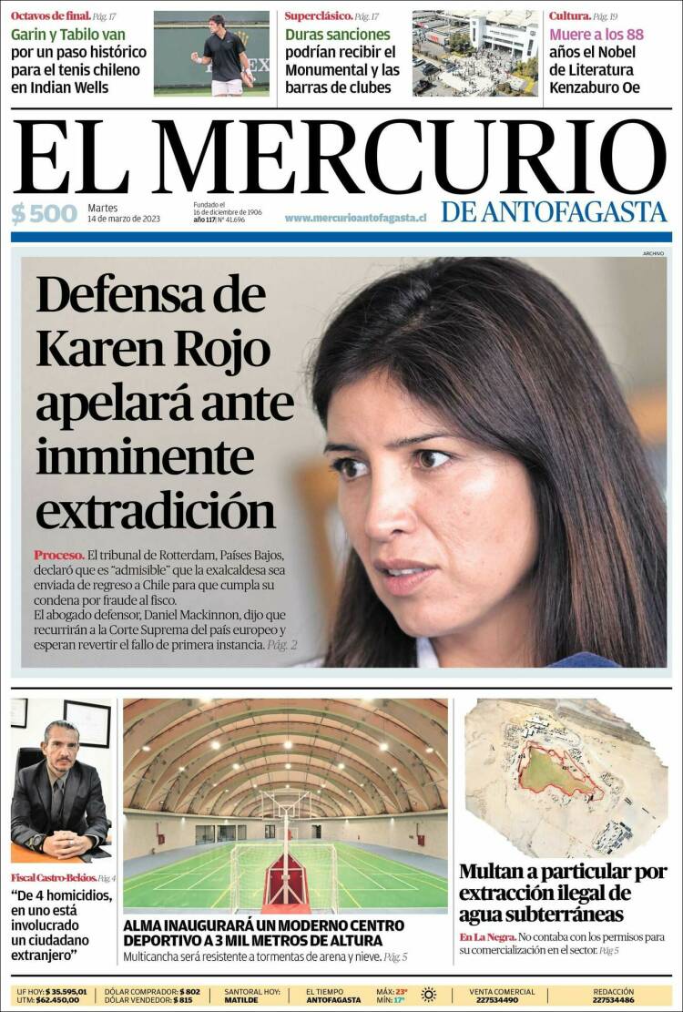 Portada de El Mercurio de Antofagasta (Chile)