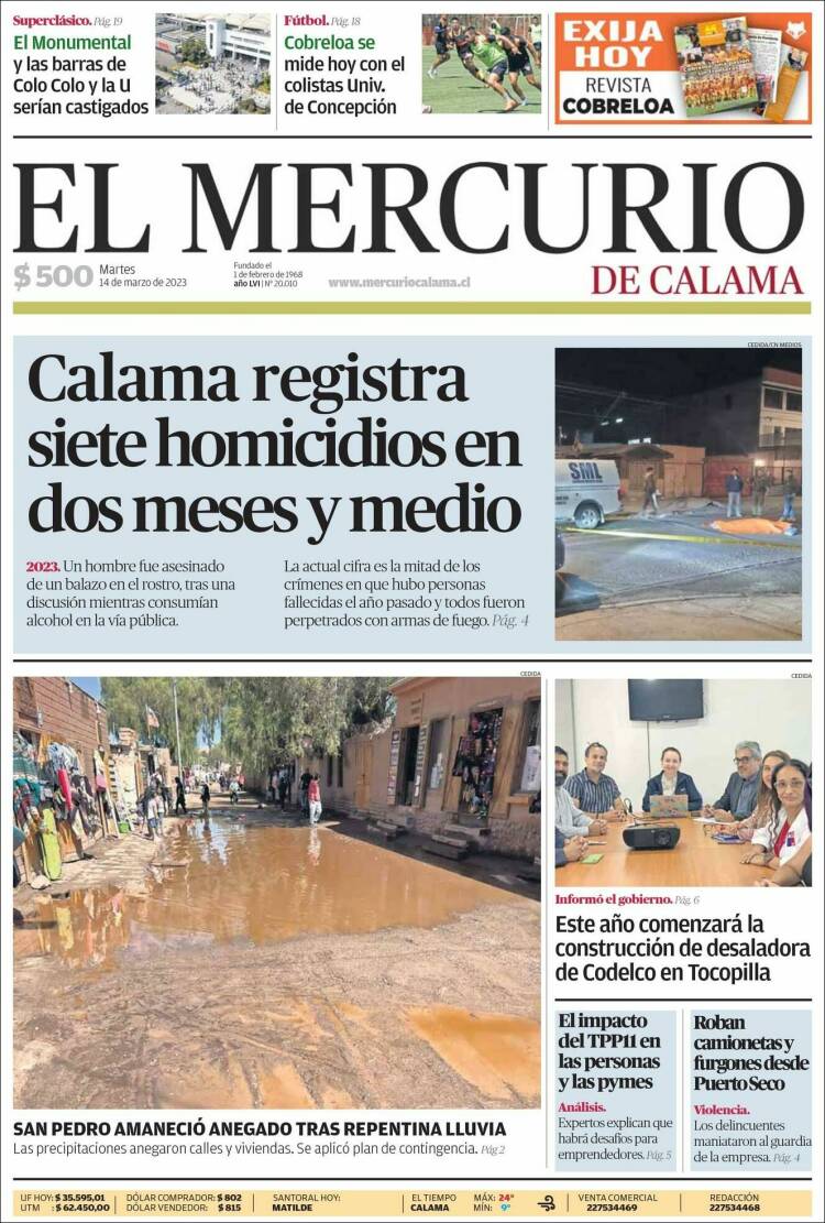 Portada de El Mercurio - Calama (Chile)