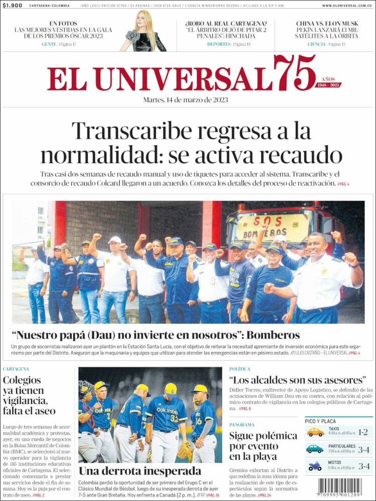 Portada de El Universal (Colombia)