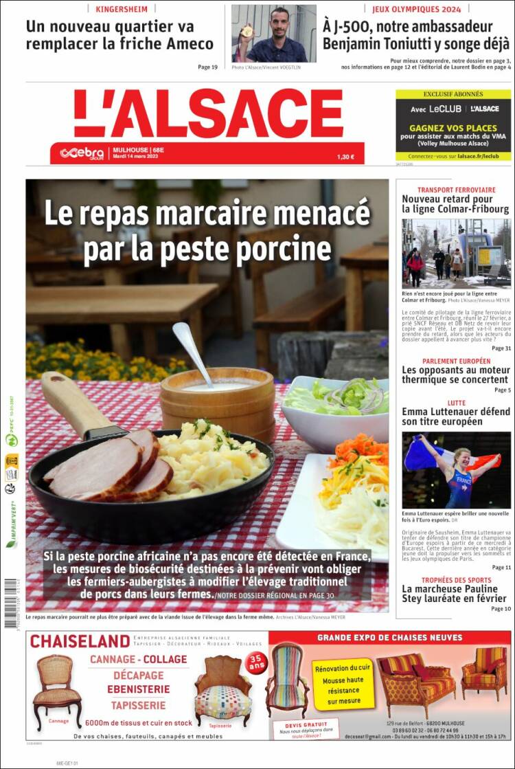 Portada de Journal L'Alsace (Francia)