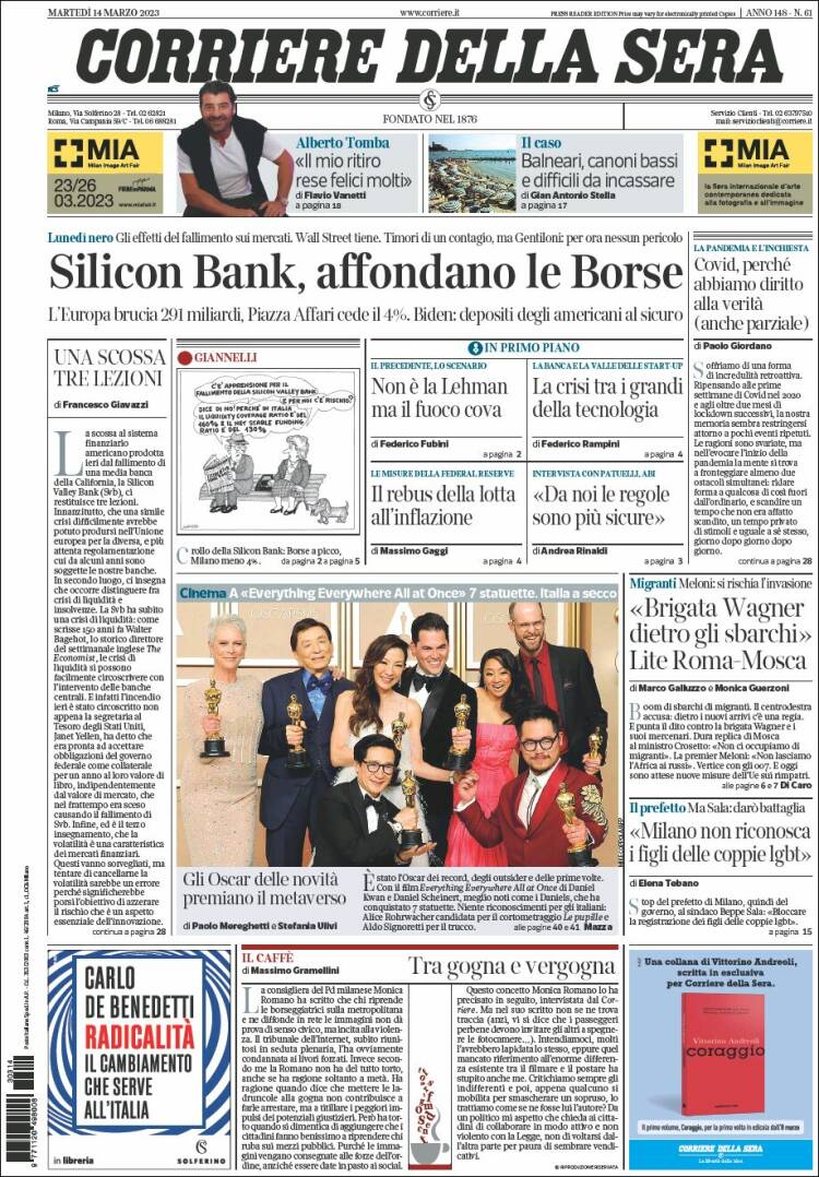 Portada de Corriere della Sera (Italia)