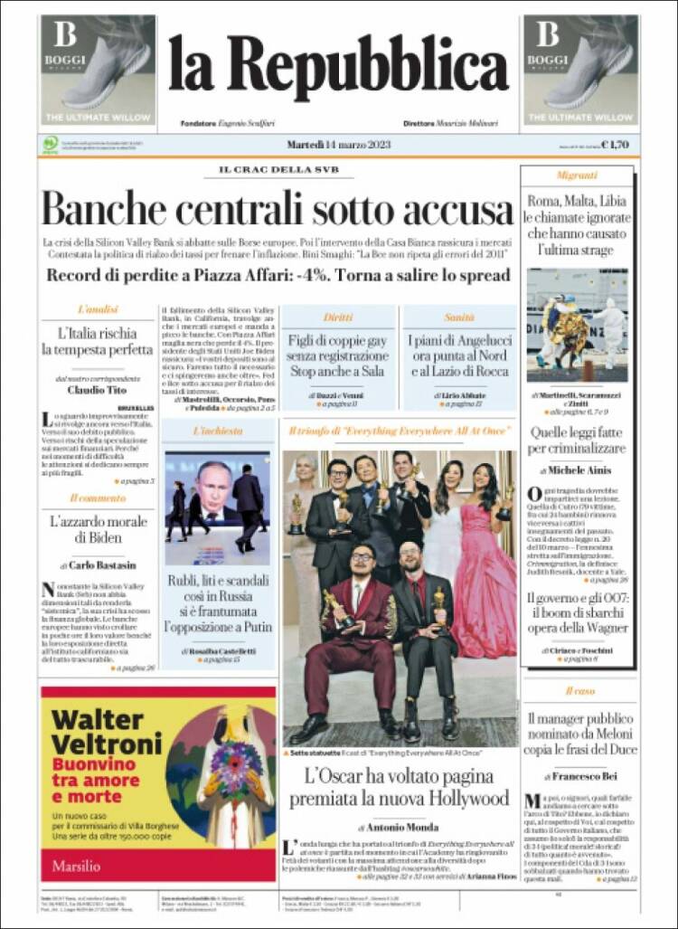 Portada de La Repubblica (Italia)