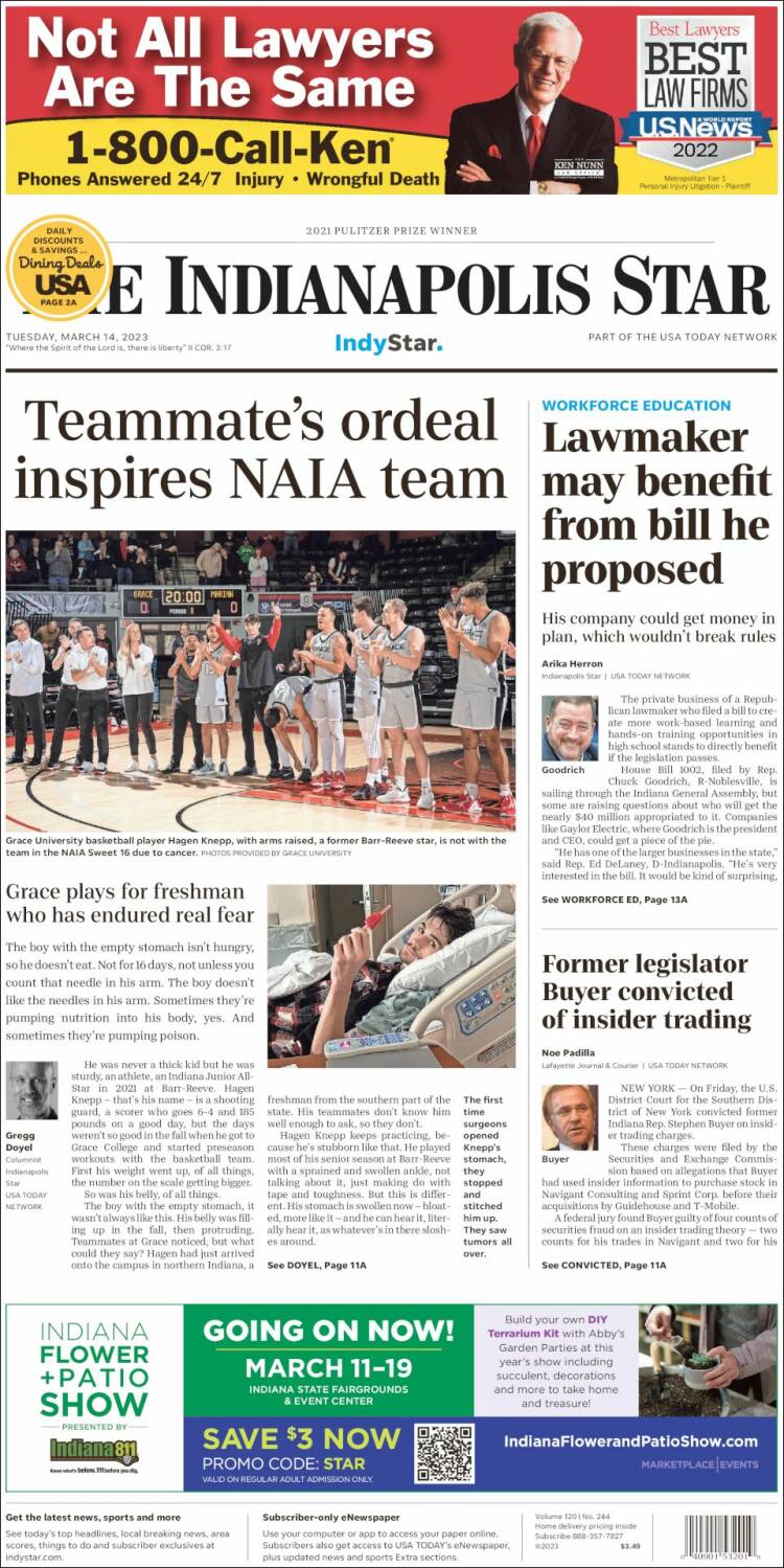 Portada de The Indianapolis Star (USA)