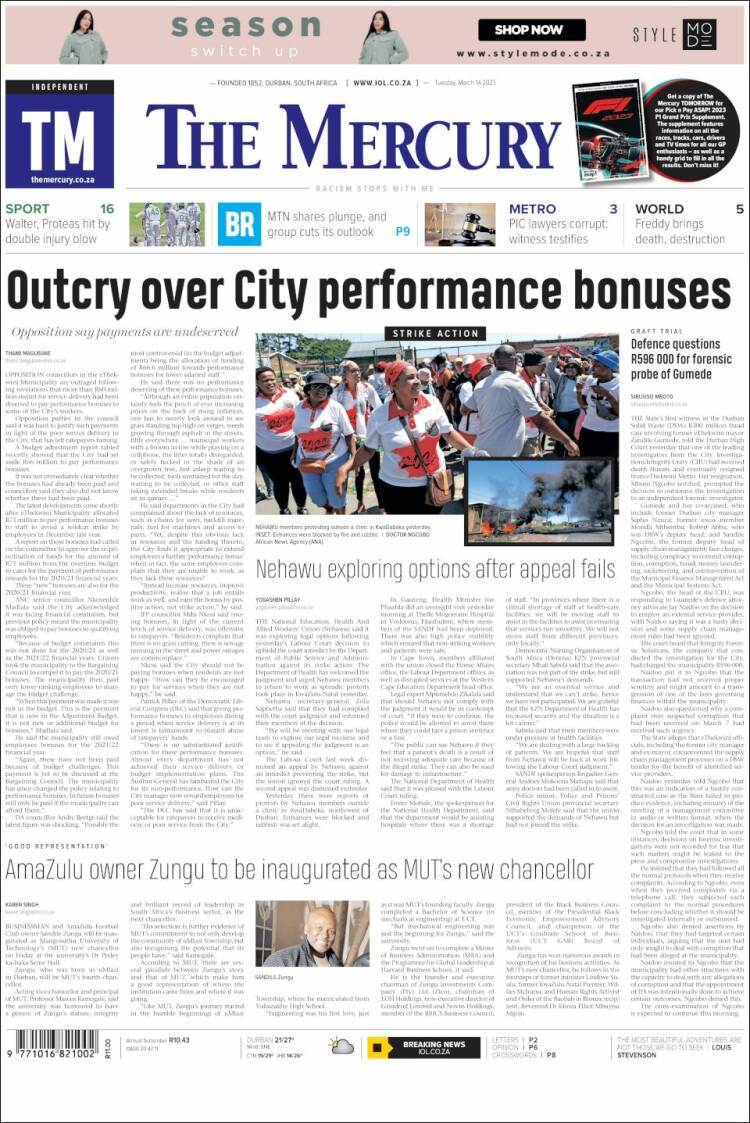 Portada de The Mercury (Sud&aacute;frica)