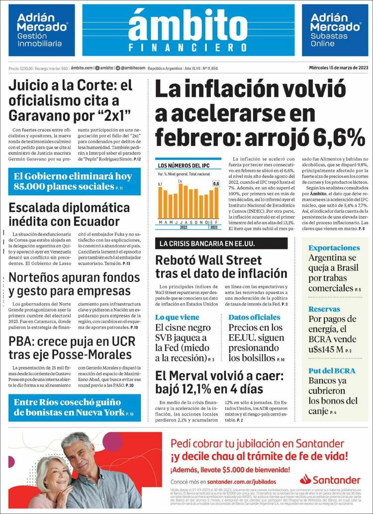 Portada de Diario Ambito Financiero (Argentina)