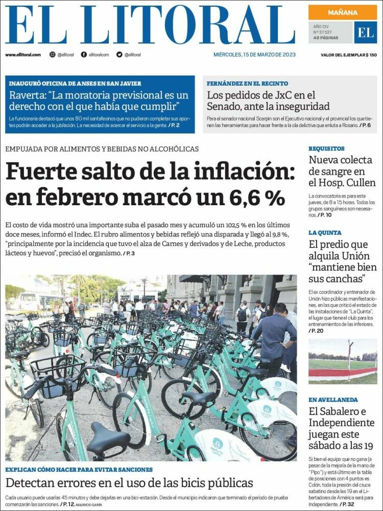 Portada de Diario El Litoral (Argentina)