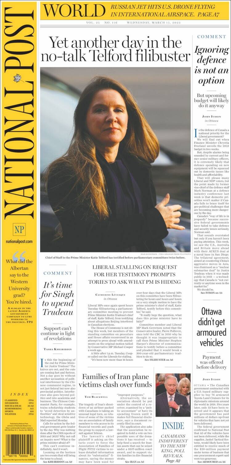 Portada de The National Post (Canada)