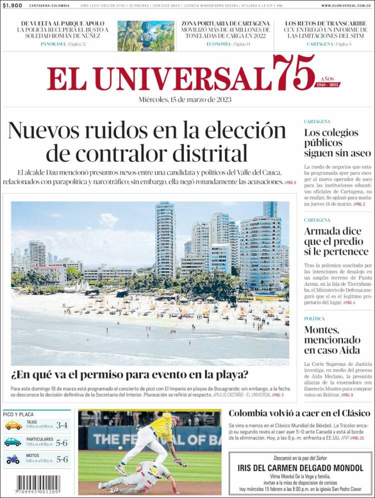 Portada de El Universal (Colombia)