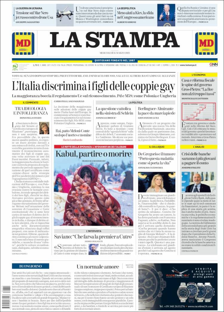 Portada de La Stampa (Italie)