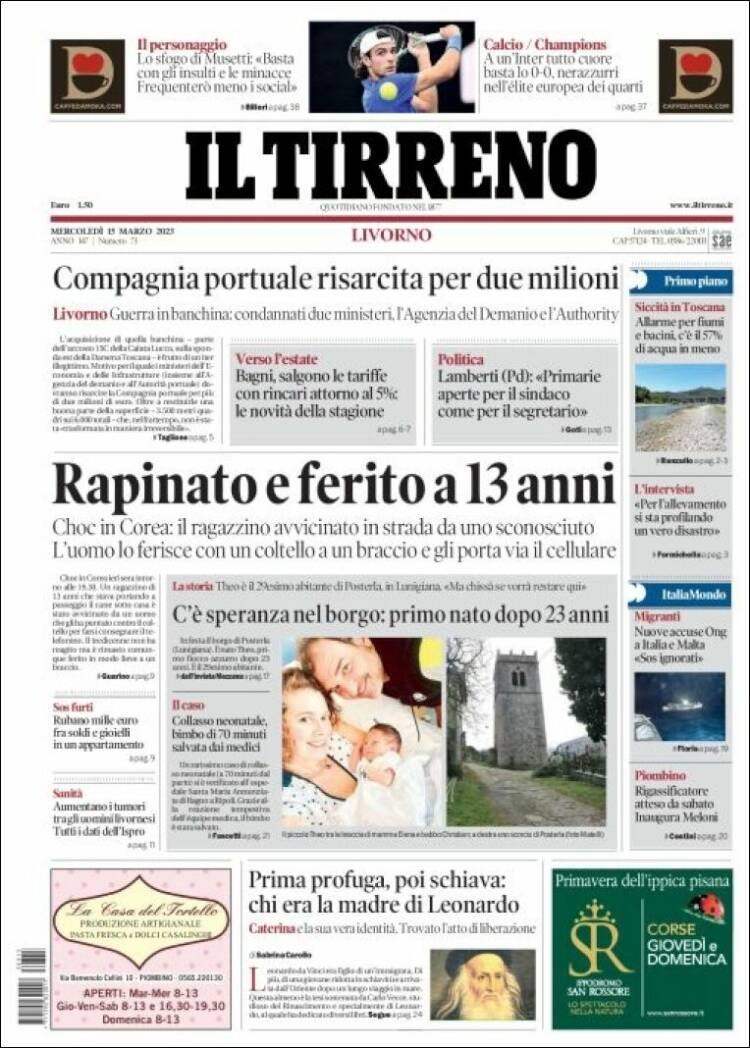 Portada de Il Tirreno (Italie)