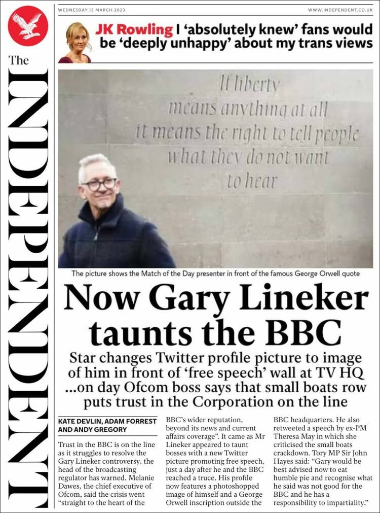 Portada de The Independent (Reino Unido)