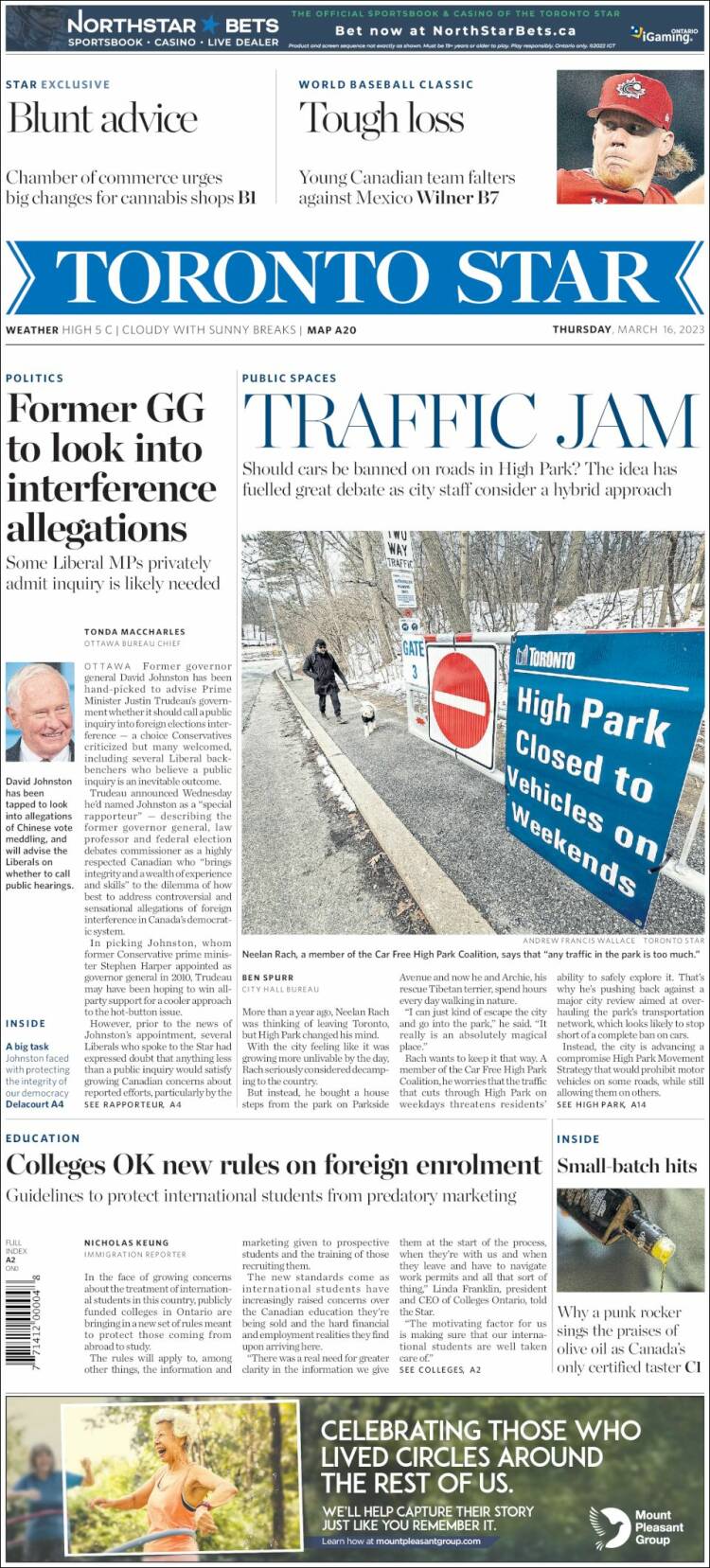 Portada de The Toronto Star (Canada)