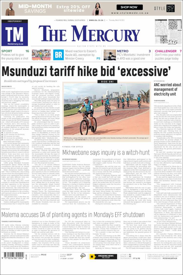 Portada de The Mercury (Sud&aacute;frica)