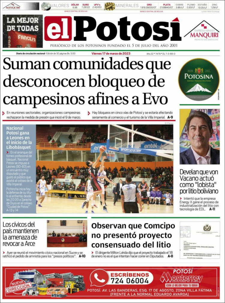 Portada de Diario de Potosí (Bolivia)