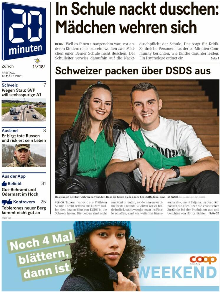 Portada de 20Minuten - Zürich (Suiza)