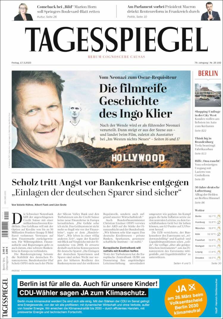 Portada de Der Tagesspiegel (Alemania)