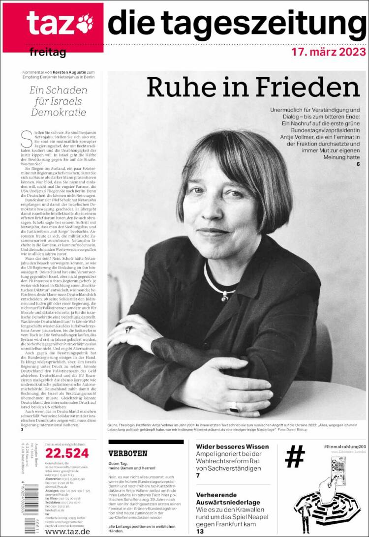 Portada de Die Tageszeitung (Alemania)