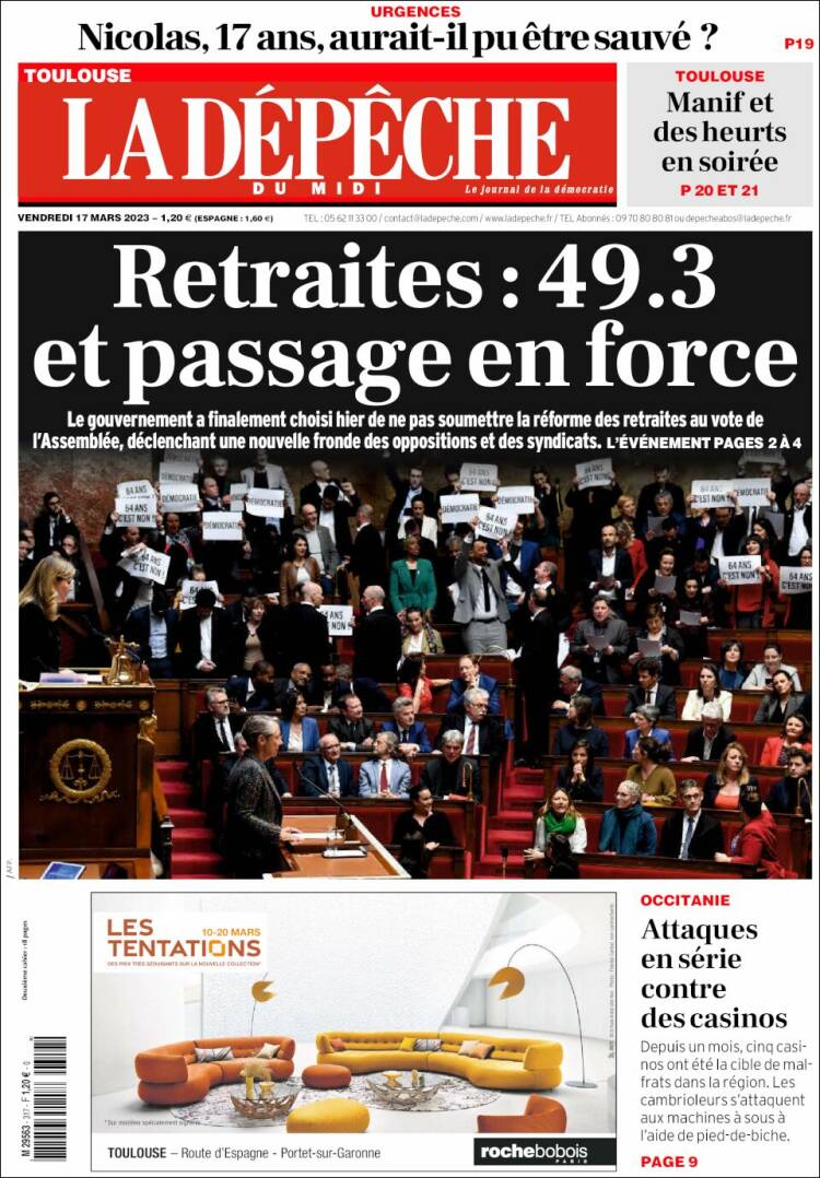 Portada de La Dépêche du Midi (Francia)