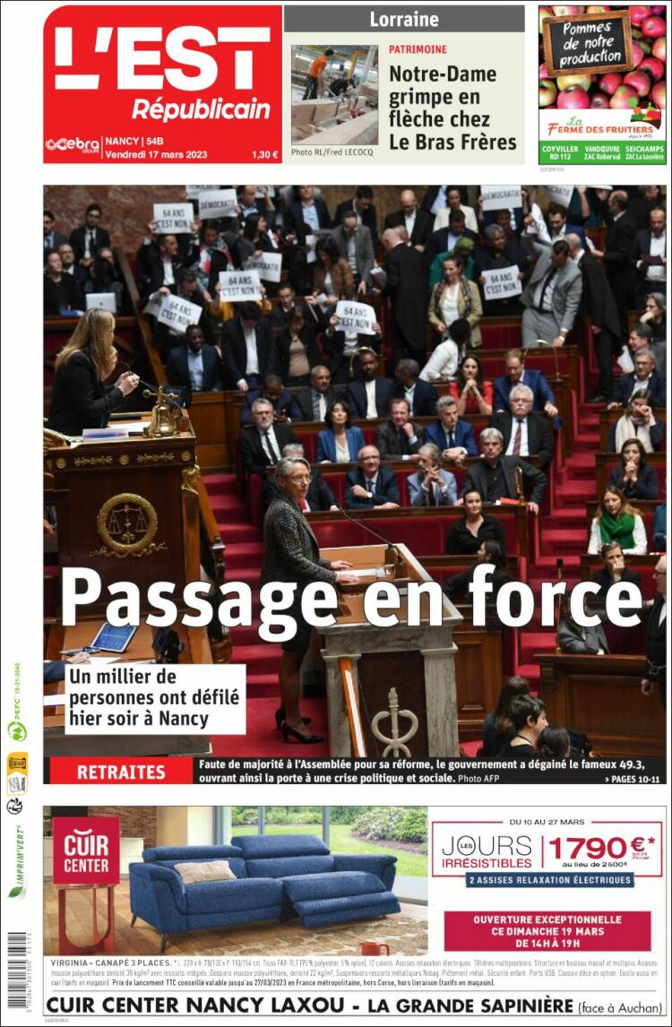 Portada de L'Est Republicain (Francia)