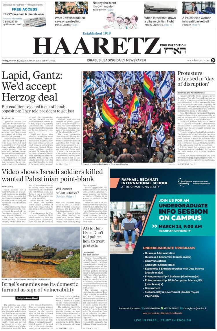 Portada de Haaretz (Israel)