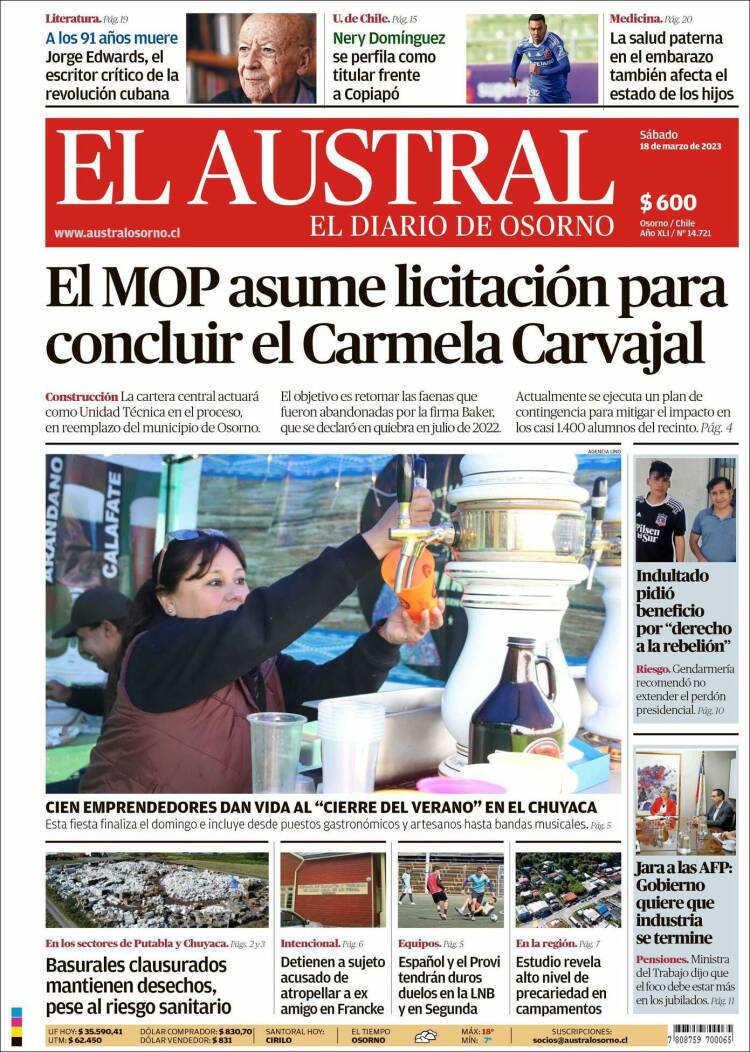 Portada de El Austral de Osorno (Chile)