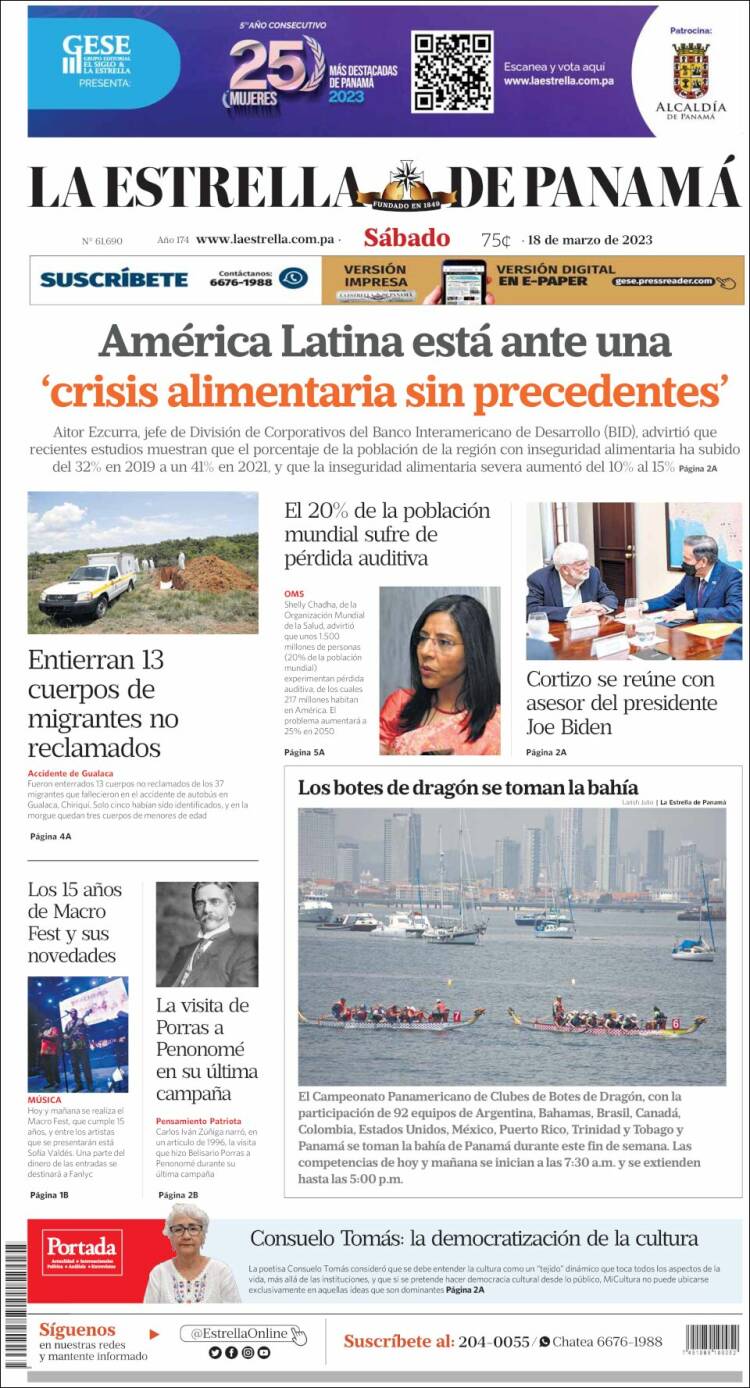 Portada de La Estrella de Panamá (Panam&aacute;)