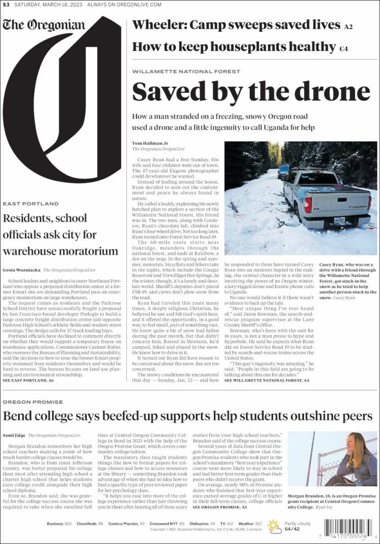 Portada de The Oregonian (USA)