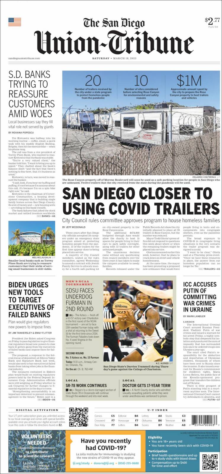 Portada de The San Diego Union-Tribune (USA)