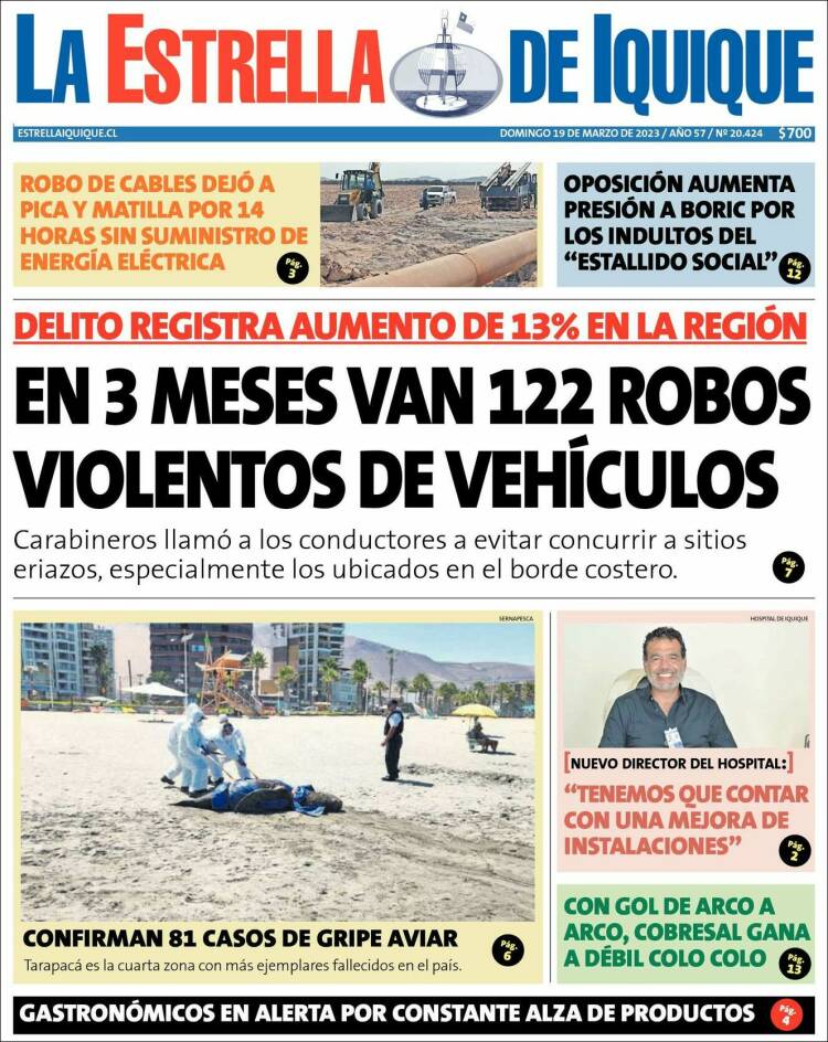 Portada de La Estrella de Iquique (Chile)