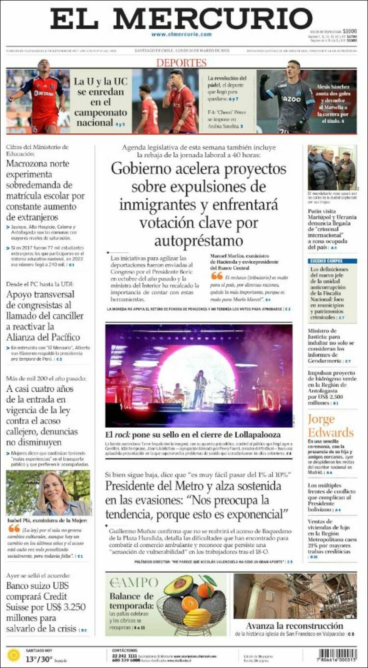 Portada de El Mercurio (Chile)