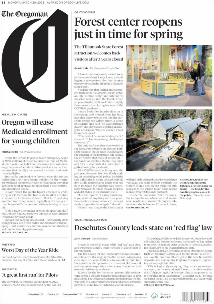 Portada de The Oregonian (USA)