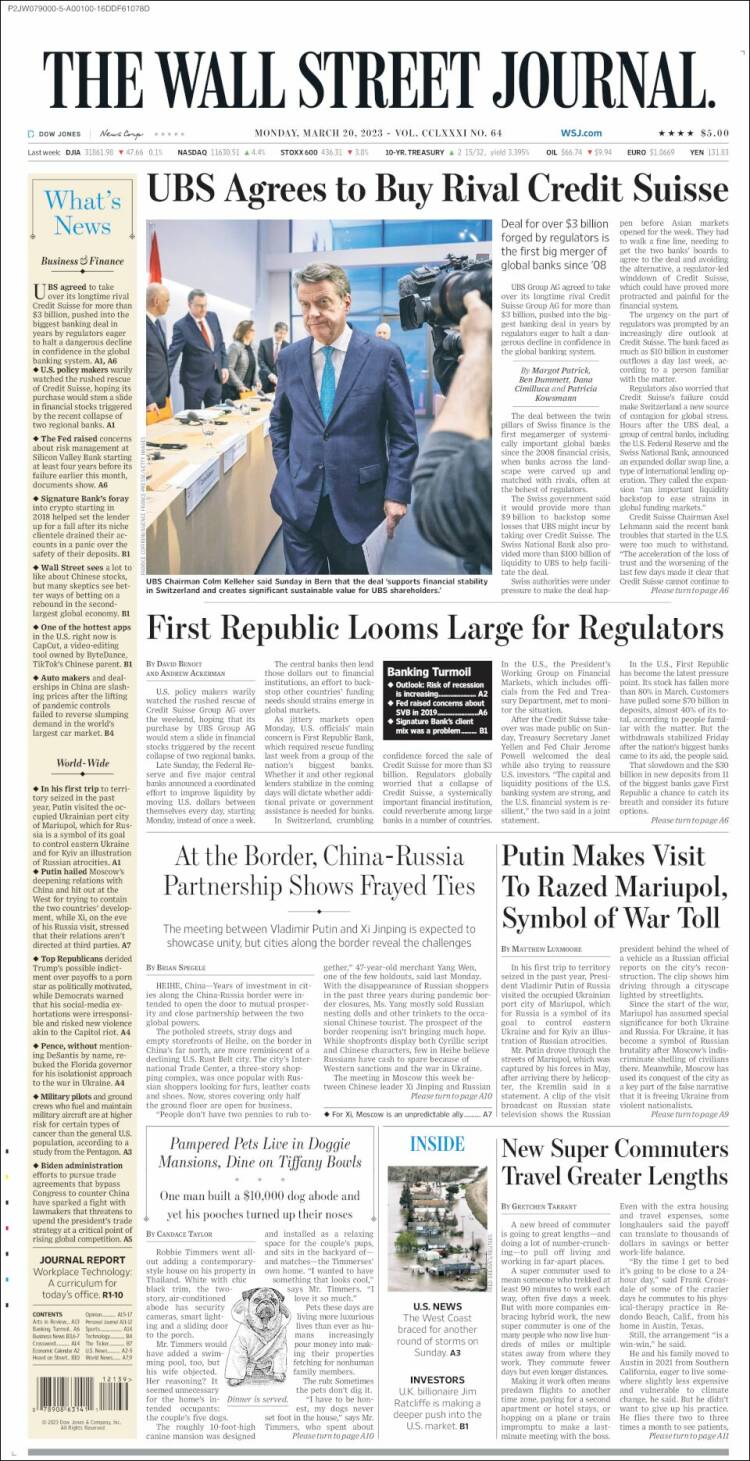 Portada de Wall Street Journal (États-Unis)