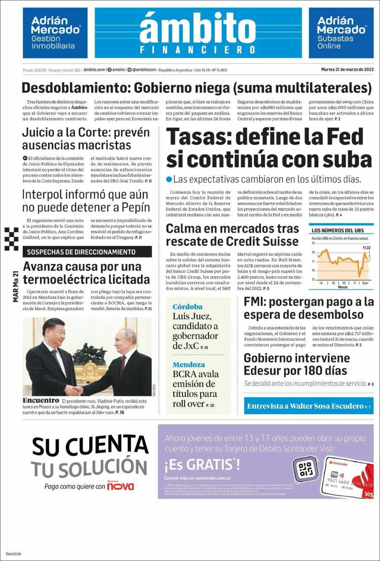 Portada de Diario Ambito Financiero (Argentina)