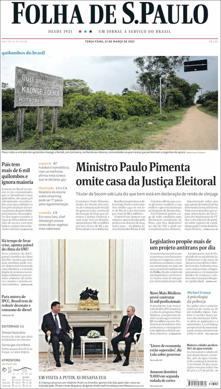 Portada de Folha de São Paulo (Brasil)
