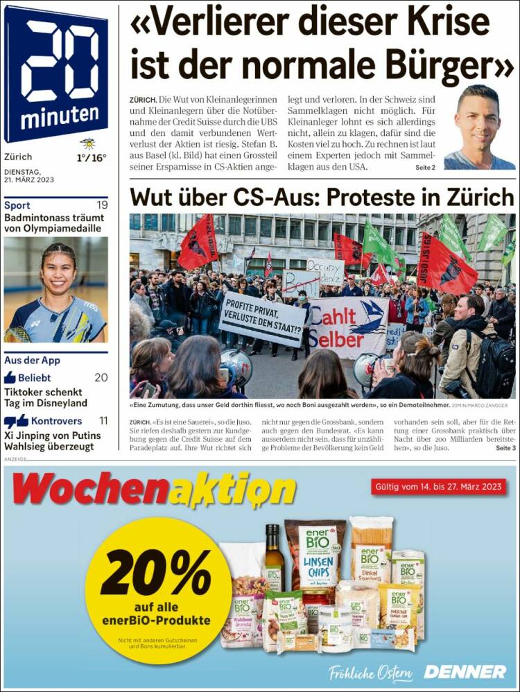 Portada de 20Minuten - Zürich (Suiza)