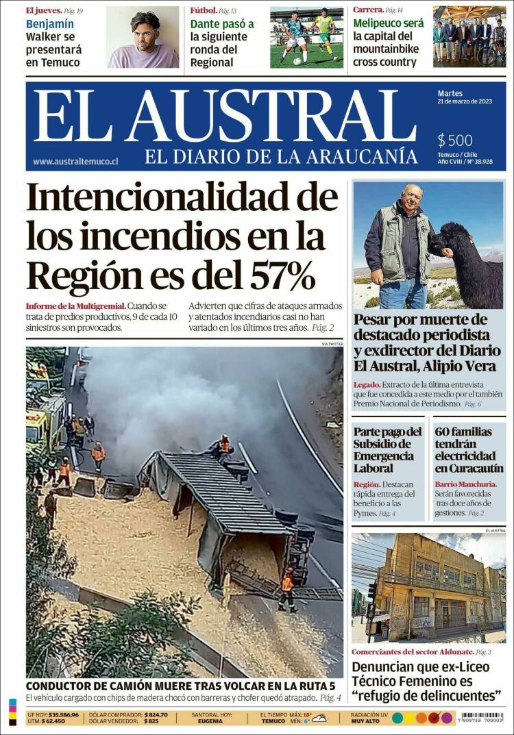 Portada de El Austral de Temuco (Chile)