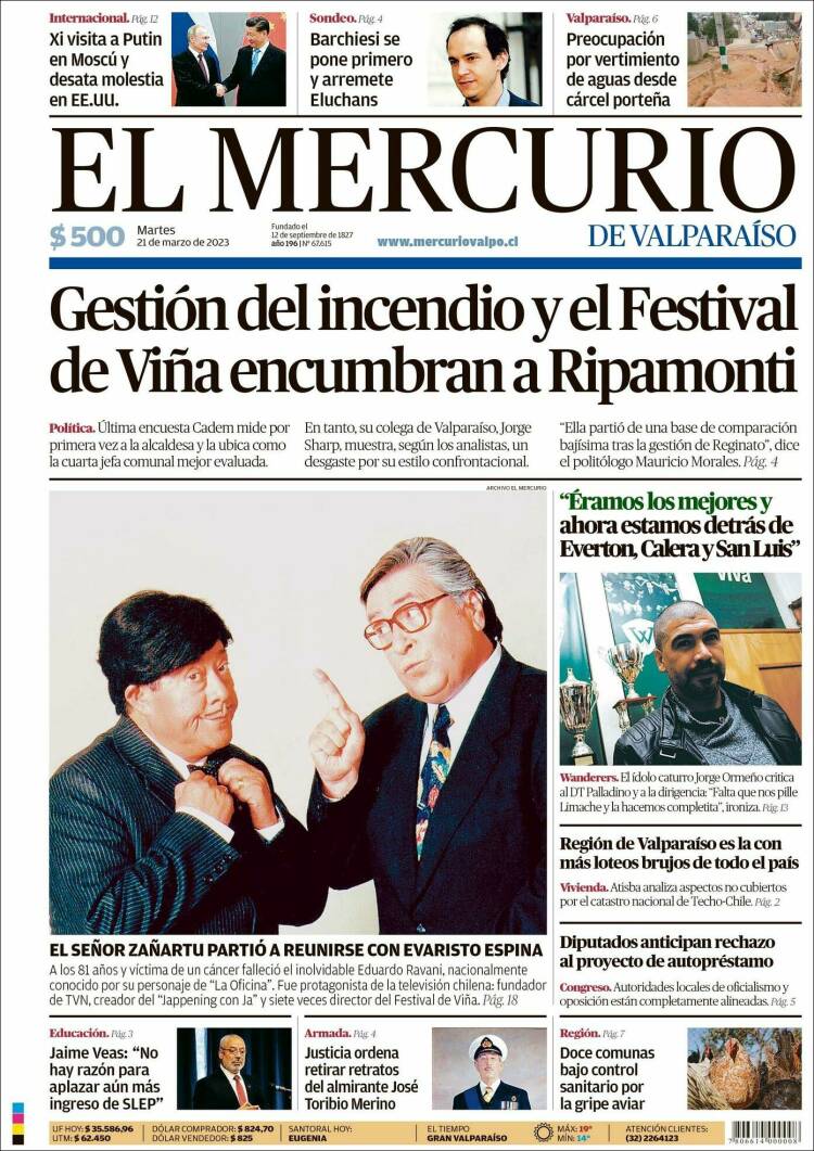 Portada de Mercurio de Valparaiso (Chile)